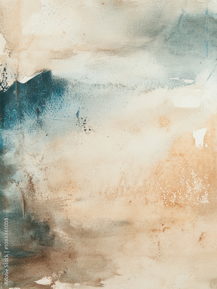 Poster delicate watercolor textures showcase harmonious blues and warm hues, creating an abstract artwork t