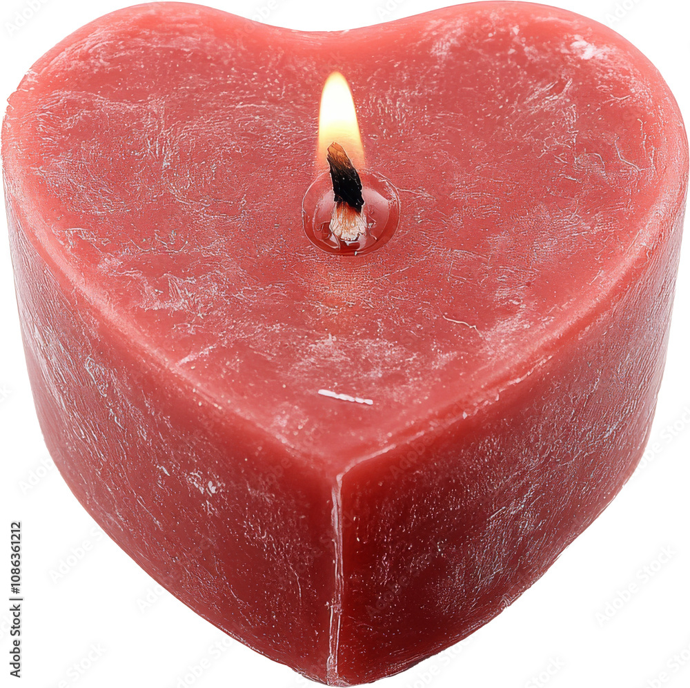 Poster heart-shaped red candle with flame on transparent background