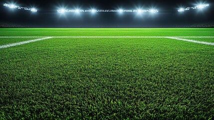 Obraz premium A close-up view of a well-maintained soccer field with bright stadium lights.