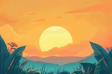 Sunset Over Hills with Green Foliage in the Foreground