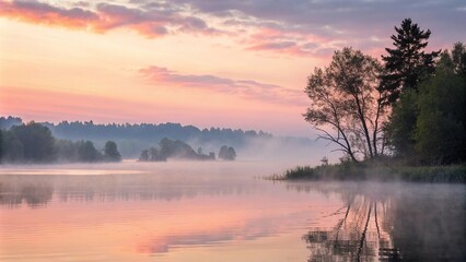 Obraz premium Softly blending gentle watercolors of a serene misty lake at dawn, nature painting, soft colors, morning sky