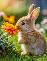 Little rabbit smelling a flower in the garden