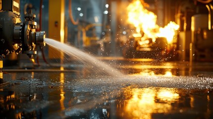 Fototapeta premium Intense Factory Emergency: High-Pressure Water Jet Controlling Fire in Machinery Area