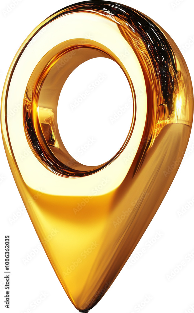Poster gold location pin on transparent background, 3d rendering. navigation and design concept