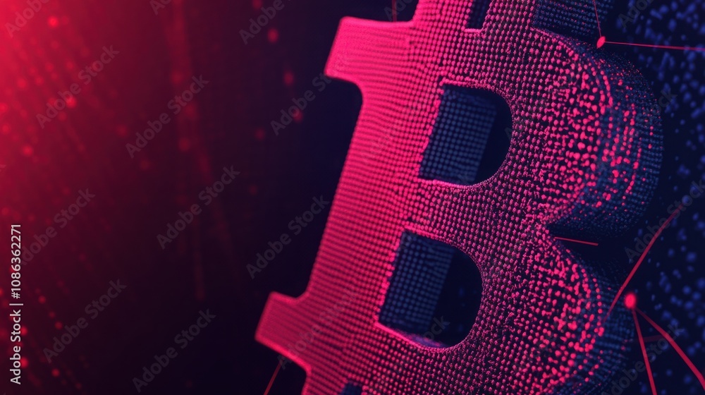 Poster abstract representation of a bitcoin symbol with vibrant colors and digital effects, reflecting the 