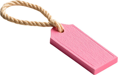 Pink luggage tag with rope on transparent background, travel accessory concept