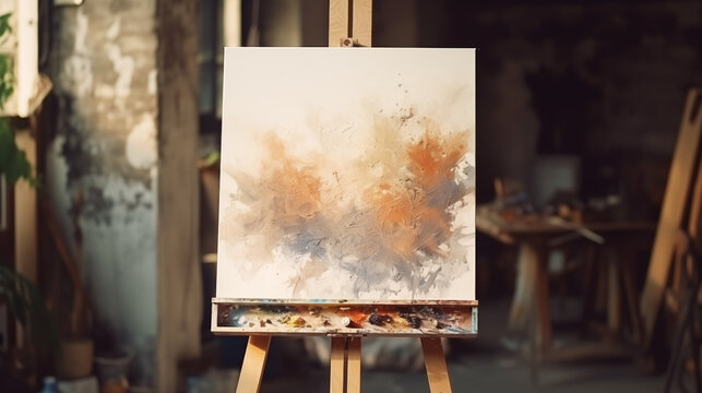 Close-up of a wooden easel with a partially painted canvas