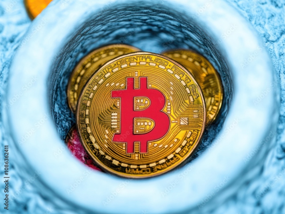 Poster close-up of bitcoin coins displayed inside a decorative pot with textured surface on a light blue ba