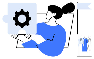 Woman holding a gear puzzle piece, flag is in the background alongside a clothing rack with garments. Ideal for business strategy, teamwork, solutions, technical skills, project management, goal