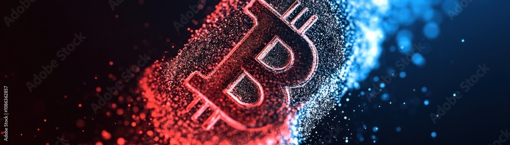 Poster vibrant bitcoin symbol surrounded by blue and red particles, representing digital currency and block