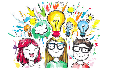 Three illustrated characters with lightbulbs above their heads, symbolizing creativity and ideas.