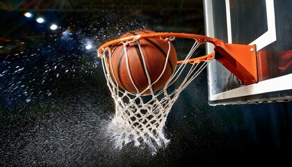 Basketball swishing through the net, splashing water. Intense action shot!