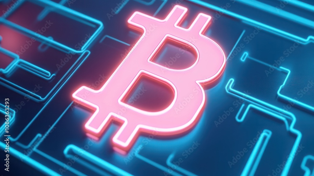 Poster glowing neon bitcoin symbol set against a digital circuit background representing cryptocurrency inn