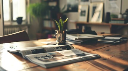 Print media marketing with magazines and brochures on a design table