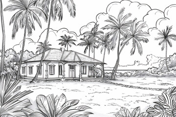 Coloring sketch of house with trees version 43