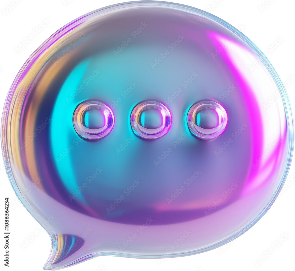 Poster iridescent chat bubble with three dots on transparent background