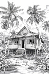 Coloring sketch of house with trees version 36