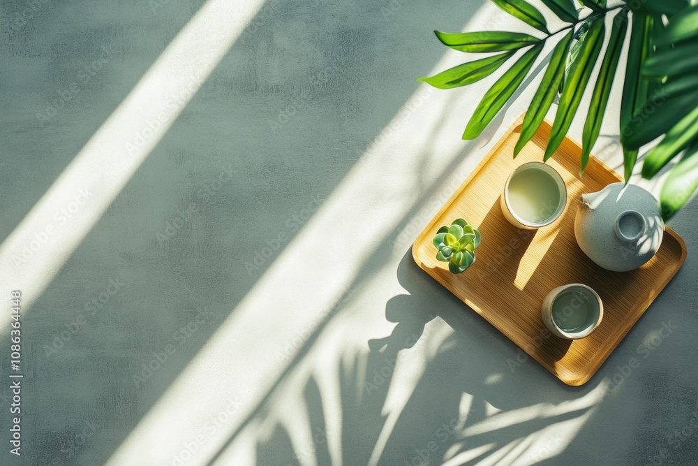 Aufkleber a calming tea setting features a teapot, cups, and a small succulent on a bamboo tray, illuminated b