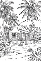 Coloring sketch of house with trees version 34