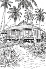 Coloring sketch of house with trees version 33