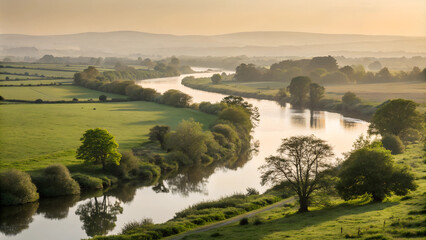 Fototapeta premium Serene river winding through lush green fields at golden hour of sunset 