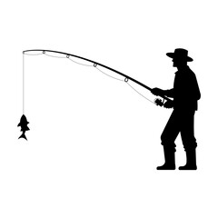Obraz premium Silhouette of a man in a hat standing fishing