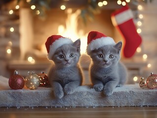 Two Adorable Kittens in Santa Hats by the Fireplace on Christmas Eve