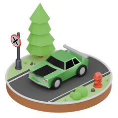 3D Green Car on a Road with Transparent Background