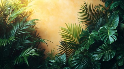 Lush green foliage against a warm, textured background, creating a serene atmosphere.