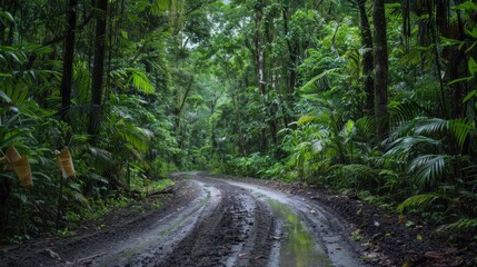 Obraz premium Rainforest road enveloped by dense trees and exotic flora