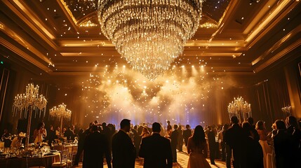 28. A New Year is Eve party in a luxurious hotel ballroom with chandeliers, elegant dresses, and tuxedos