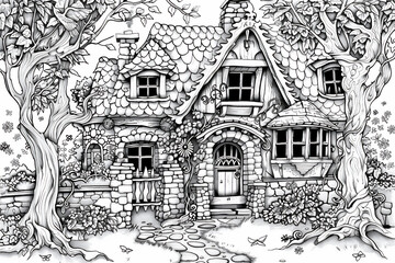 Naklejka premium Coloring sketch of house with trees version 7