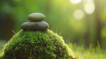 A serene arrangement of stones on moss, symbolizing balance and tranquility in nature.