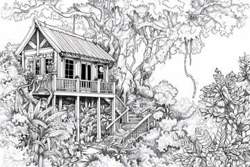 Coloring sketch of house with trees version 6
