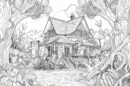 Coloring sketch of house with trees version 5