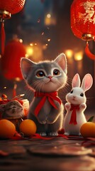 Adorable Kitten and Bunny Celebrating Lunar New Year