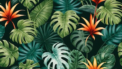 Seamless tropical foliage pattern featuring monstera leaves and exotic orange flowers on a deep black background.