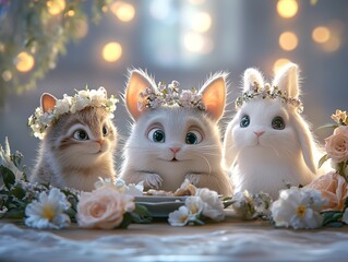 Fototapeta premium Adorable Cartoon Animals with Flower Crowns at a Festive Gathering