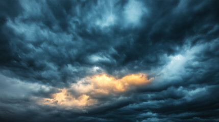 Obraz premium The evening sky with bursting dark storm clouds, through which golden sunlight peeks through