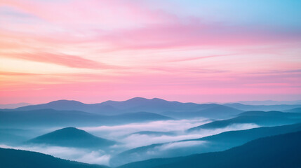 Obraz premium Early morning sky in pastel pink and light blue tones over the mountains, soft fog in the air, the light of the rising sun