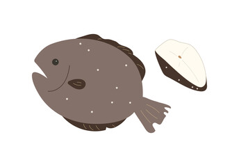 Whole halibut fish and sliced uncooked fillet