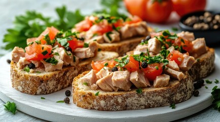 Delicious tuna bruschetta with tomatoes and parsley on toasted bread.
