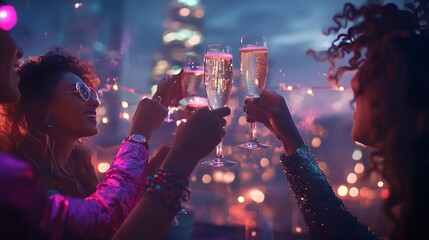 38. A group of friends celebrating New Year is Eve on a rooftop, clinking champagne glasses