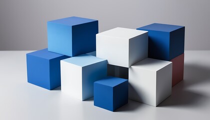 A collection of blue and white cubes arranged in a creative pattern