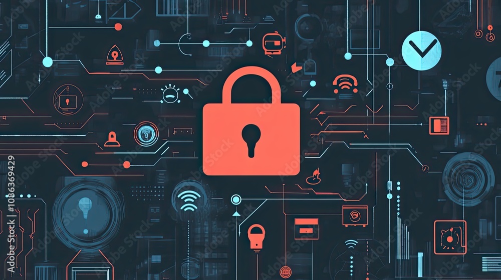 Poster red padlock on abstract circuit board with digital icons