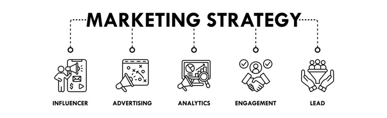 Marketing Strategy banner web icon illustration concept with icon of influencer, advertising, analytics, engagement , and lead