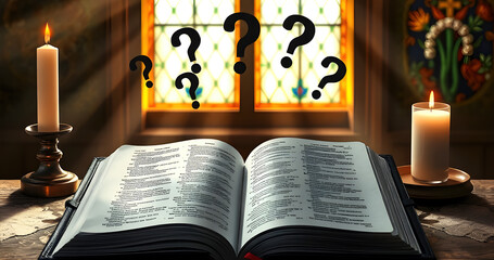 A Bible is open to a page with a candle on a table as several question marks rise from the page