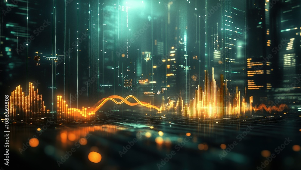 Poster futuristic cityscape with dynamic data visualization