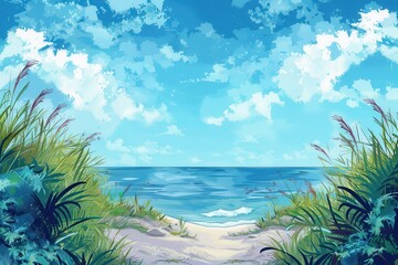 Lush Grass and Blue Ocean Under a Sunny Sky