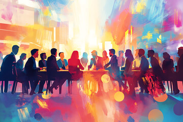 Obraz premium A vibrant meeting scene with silhouettes of people engaged in discussion around a table.